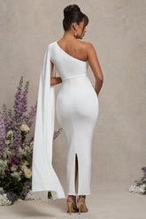 White Maternity One Shoulder Maxi Dress with Cape Sleeve